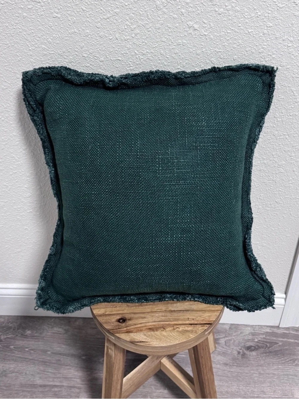 Anthropologie Luxe Emerald Green Linen Blend Pillow Cover 18x18 Fringed Edge